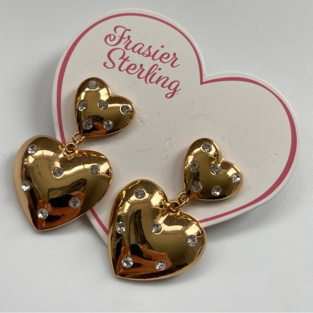 Frasier Sterling Truth Or Dare Gold Heart Dangle Earrings With Rhinestones